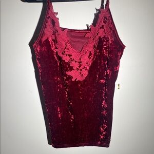 Red Fitted Ruffled Crushed Velvet Camisole Top